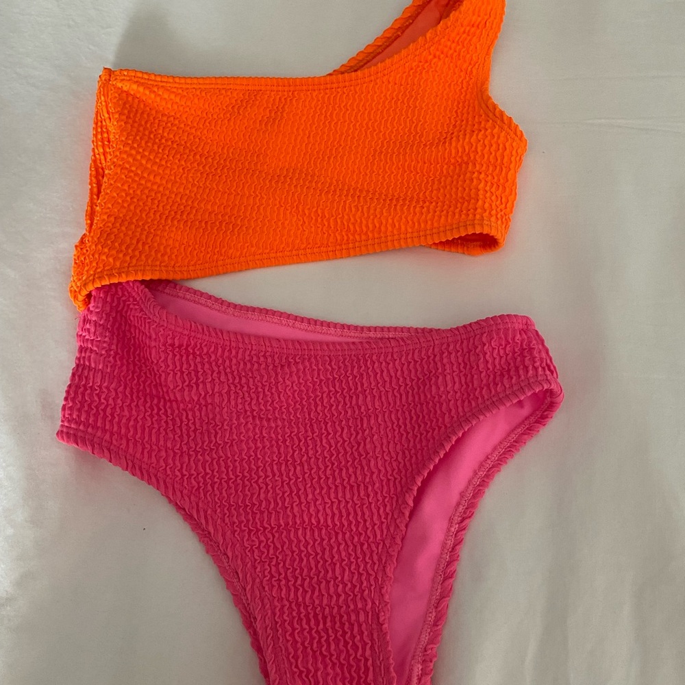 Vibrant Orange and Pink One-Shoulder Bikini